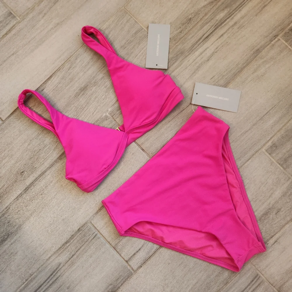 Antonio Melani swimsuit S fuchsia pink bikini wide strap deepV high cut new $124